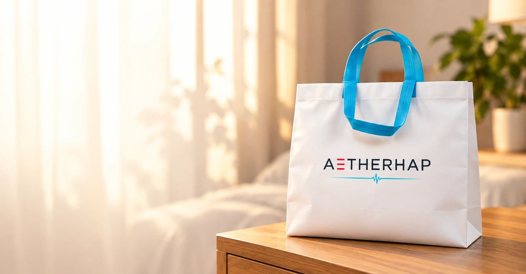 Bolsa blanca AETHERHAP con asas azules en una mesa de madera